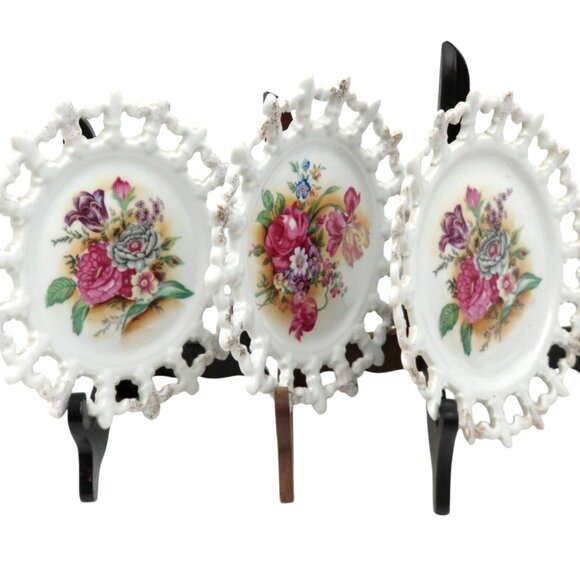 ESD Japan Reticulated Floral Ceramic Plates Set of 3 Vintage 8" - Picture 2 of 13